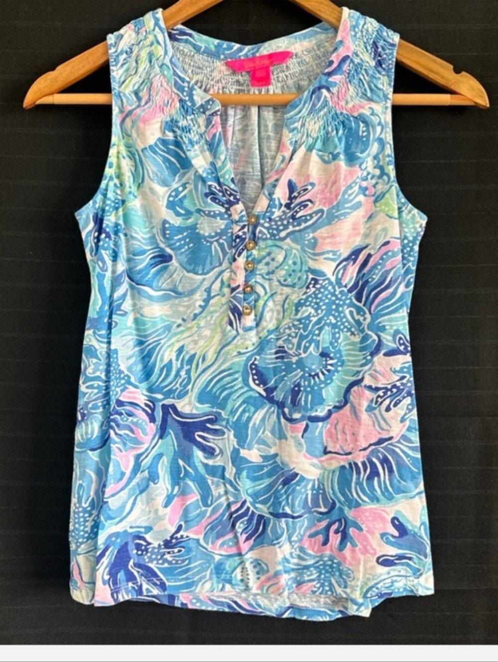 Lillv Pulitzer Essie Tank Top XXS Blue Pink Split Neck Sleeveless Tropical Beach